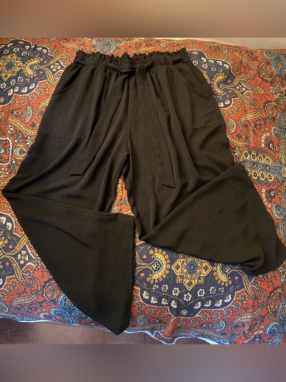 Black Wide-Leg Paperbag Waist Pants with Tie
